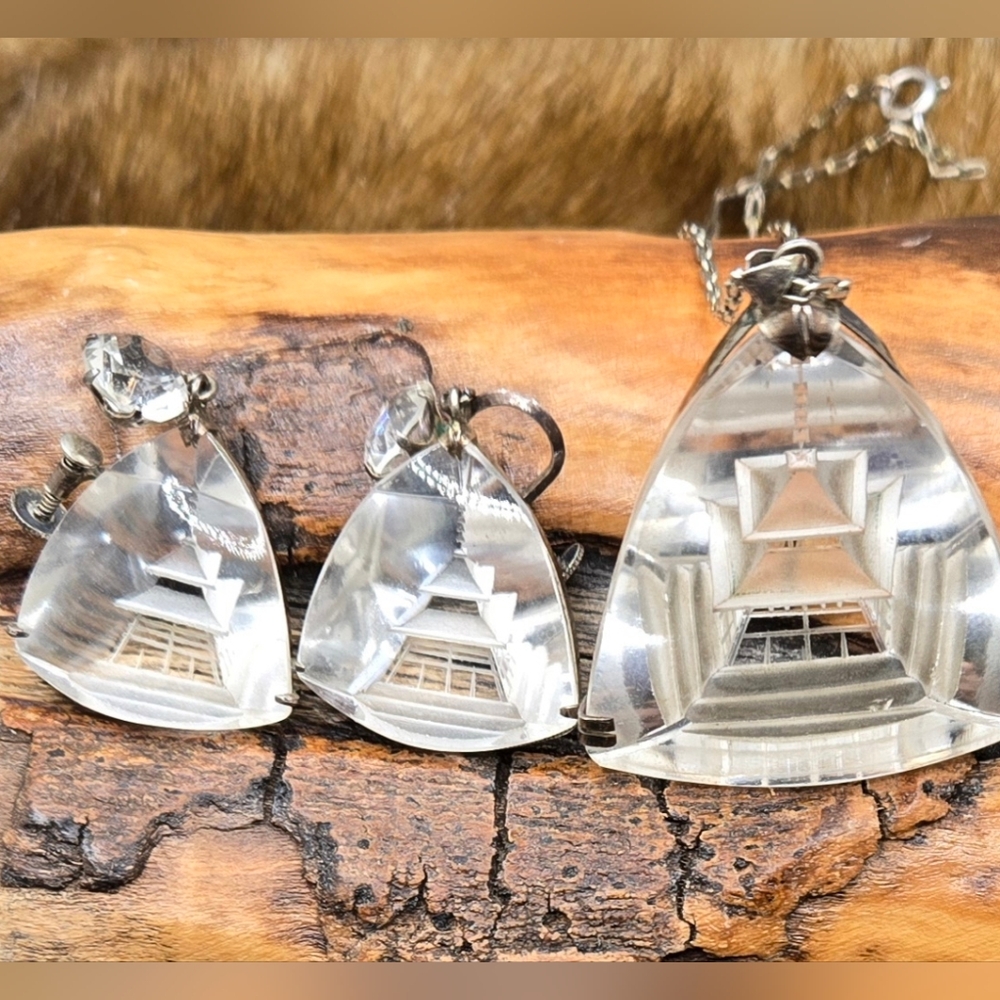 Intaglio Carved Necklace/Earrings Japan Pagoda 30s Sterling Silvr & Rock Crystal
